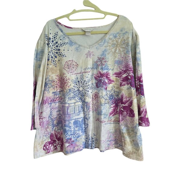 CJ BANKS Printed Sequinned Cotton V Neck 3/4 Sleeve Top 2X - Picture 1 of 4